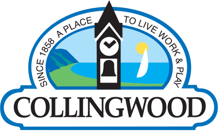 Collingwood logo with a clock tower, water, sailboat, and text “A Place to Live Work & Play.”.